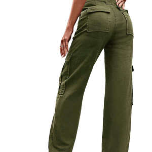 Pantalon cargo taille haute pour femme, vert olive uni, en toile, décontracté, longueur intégrale, avec poches, coupe ample, style printemps - Product Image 2