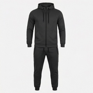 Men's Black Hooded Tracksuit Full <b>Zip</b> Sweatshirt With Side <b>Pockets</b> Casual Solid Color Fleece <b>Joggers</b> Set Autumn Wear - Product Image 1