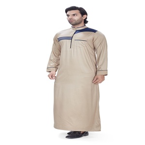 Qamis beige à manches longues pour homme, col montant, longueur ras du sol, en coton décontracté, coupe classique, style ethnique du Moyen-Orient, pour usage quotidien - Product Image 3