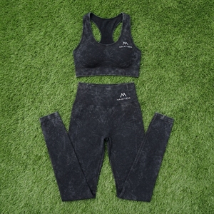 Ensemble de leggings et soutien-gorge de sport sans couture noir délavé à l'acide pour femme, taille haute, pour la gym, le yoga et l'entraînement - Product Image 6