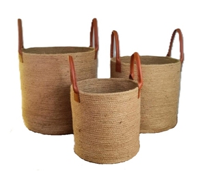 Custom Woven Jute Cotton Rope Eco-Friendly <b>Foldable</b> Fabric Storage <b>Baskets</b> With Leather Handle Customized Color Logo - Product Image 1
