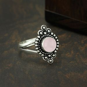 Rose Quartz Round Cut Handmade Oxidized 925 Silver <b>Ring</b> Gemstone Bezel Set Vintage Women's Statement <b>Rings</b> - Product Image 3