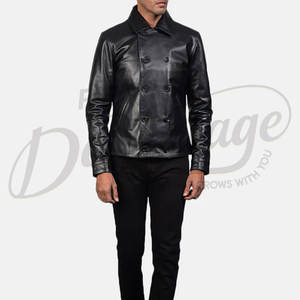 Veste en cuir noire double boutonnage de qualité supérieure pour homme, en véritable peau de mouton, style classique, coupe ajustée, vêtement d'extérieur décontracté et tendance - Product Image 4