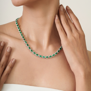 Luxurious Hot Sale 22.11 Ct. Emerald & Diamond <b>Statement</b> Halo Tennis <b>Necklace</b> K14 Solid Yellow Gold Customized Wholesale Jewelry - Product Image 2