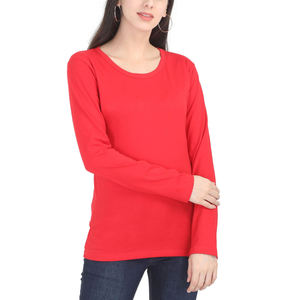 เสื้อยืดแขนยาวสีแดงสำหรับผู้หญิง คอกลม ทรงปกติ ผ้าถักเนื้อฝ้าย สวมใส่สบายทุกฤดู สีพื้น ระบายอากาศได้ดี - Product Image 1