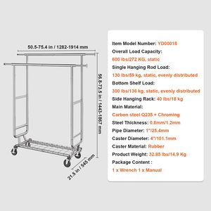 Porte-vêtements robuste à double tringle, hauteur réglable, longueur extensible pour le rangement des vêtements et des accessoires - Product Image 4