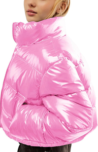 Abrigo Casual Rosa para Mujer, con Capucha, Cierre de Cremallera, Color Sólido, Corto, Grueso, Corte Regular, 70% Plumón, Ecológico - Product Image 3