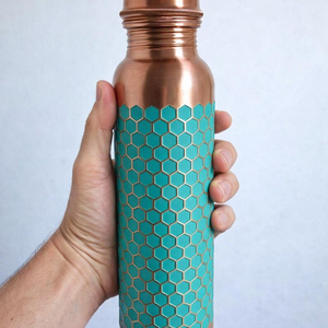 Premium Printed <b>Copper</b> <b>Drinking</b> <b>Bottle</b> Teal Honeycomb Design Reusable Water <b>Bottle</b> with Decorative <b>Copper</b> Finish and Lid - Product Image 2