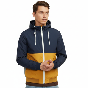 Custom Men's Hooded Windbreaker <b>Jacket</b> Color Block Navy Yellow <b>Lightweight</b> Sporty Casual Outdoor Zip Up Outerwear Coats - Product Image 1