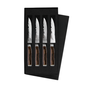 Ensemble de 4 couteaux à steak en acier inoxydable martelé, lames aiguisées avec manches en bois, coffret cadeau pour la découpe de viande de bœuf et de dîner - Product Image 1