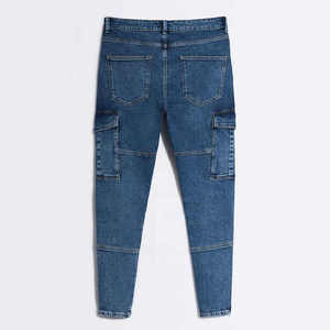 <b>High</b> <b>Waist</b> Slim Fit Cargo Denim <b>Jeans</b> <b>Men</b> Solid Blue Utility Style Midweight Cotton Autumn Wear - Product Image 3