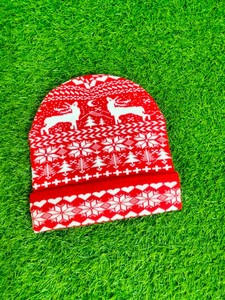 Red Christmas Beanie Hat With Custom Pattern 100% Acrylic Knitted Winter Cap Unisex Adult Casual Style Manufacturer <b>Socks</b> Beanie - Product Image 6