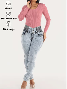Jeans de Mezclilla Lavados a la Piedra de Cintura Alta y Corte Regular TRIBON SPORTS para Mujer, Estilo Casual de Longitud Completa con Bolsillos Decorativos, Color Azul Claro - Product Image 6
