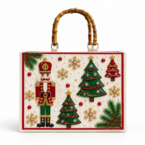 Bolso tote vintage de Navidad con cuentas y diseño de Cascanueces, con asas de bambú, para mujer, ideal para celebraciones navideñas y regalos de vacaciones. - Product Image 1