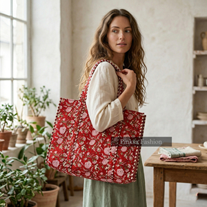 Wholesale <b>Summer</b> Jaipur Hand Block Printed Quilted Cotton Tote <b>Bag</b> Open Large Capacity Eco Friendly Shopping Shoulder <b>Bag</b> Women - Product Image 4