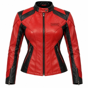 เสื้อแจ็คเก็ตหนังสีแดงสำหรับผู้หญิง แต่งสีดำแบบ Color Block สไตล์ Biker Racer ทรงเข้ารูป คอตั้ง แขนเสื้อแบบซิป  แบบสั่งทำพิเศษ  เสื้อคลุมสำหรับขี่มอเตอร์ไซค์ - Product Image 1