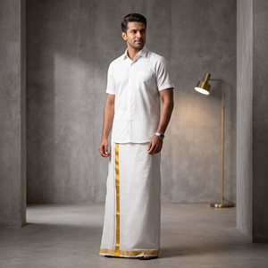 Ensemble Mundu en coton blanc pour homme, chemise à manches courtes, jupe traditionnelle, tenue ethnique, tenue décontractée pour cérémonie, toutes saisons - Product Image 1
