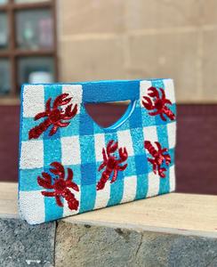Bolso Rectangular Lavable Bordado con Cuentas de Vidrio Hechas a Mano, Diseño a Cuadros Azul y Blanco con Patrón de Cangrejo Rojo, para Uso Diario - Product Image 4