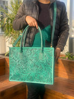 Sac fourre-tout multifonctionnel en cuir de luxe repoussé à la main Sac à main en cuir véritable pour dame Sac à bandoulière floral turquoise
