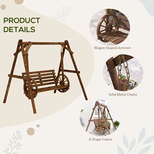 2-Seater Carbonized Brown Wooden Log Patio <b>Swing</b> Chair Bench with Wagon Wheel Armrests Porch <b>Swing</b> A-<b>Frame</b> Stand for Indoor Use - Product Image 6