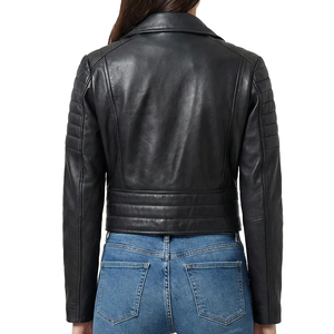 Blouson moto en cuir véritable pour femme, coupe ajustée, style court, avec épaulettes rembourrées, en peau de mouton noire, vente en gros - Product Image 2