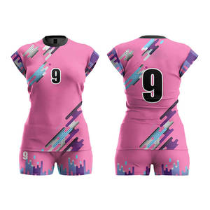 Maillot de volley-ball personnalisé pour femmes avec short, motif géométrique rose, col rond, séchage rapide, coupe ajustée, vêtements d'été - Product Image 1