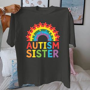 AUTISM <b>SISTER</b> Casual Print Knitted Short Sleeve Pure Cotton Women's T-Shirt Comfort Fit - Product Image 3