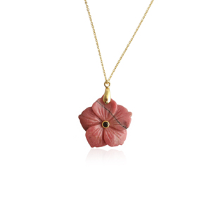Wholesale jewelry flower carved rhodonite <b>with</b> black cz accent pendant necklace 18k gold plated fashion chain brass necklace - Product Image 1