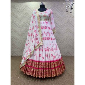 VESTIDO DE FIESTA GEORGETTE IMPRESIÓN DIGITAL BORDADO SECUENCIA TRABAJO VESTIDO CON DUPATTA ROSA - Product Image 1