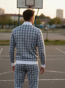 Men s Gray Plaid Tracksuit Full Length Casual Wear With Side Pockets Zipper Closure Breathable Regular Fit Autumn Style Men s - Product Image 4