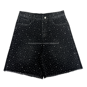 Fabricante de vaqueros Streetwear Custom Vintage Wash Jorts Hombres Jeans Shorts con diamantes de imitación Pantalones cortos de mezclilla - Product Image 5