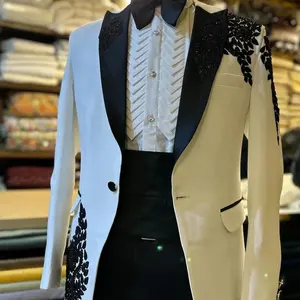 White designer hand embroidered tuxedo, traditional groom black jodhpuri jacket Wedding Jodhpuri Indian Jacket, mens suit