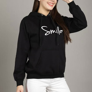 Sweat-shirt à capuche noir pour femme avec imprimé sourire, en coton, décontracté, avec logo sur le devant, poches, coupe classique, pour l'automne - Product Image 2