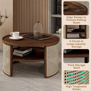 Tavolino da Caffè Rotondo a 2 Livelli in Legno con Base in Rattan e Vano Portaoggetti 31,3 Pollici - Product Image 5
