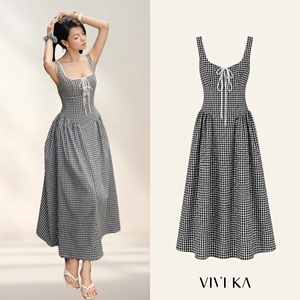 Robe midi sans manches en coton à carreaux noirs et blancs pour femme, col carré, laçage, coupe trapèze, décontractée, été, CAROLINE - Product Image 1