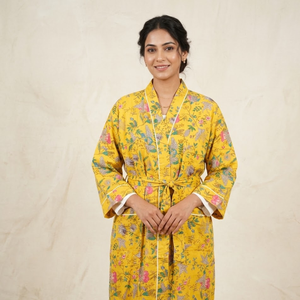 Bata Kimono de Algodón Estampada a Mano para Mujer, Bata Larga Floral con Cuello en V y Manga Larga, Ropa de Estar por Casa, Bata para Spa y Resort - Product Image 3