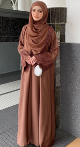 Elegant Brown Solid Embroidered Abaya <b>Long</b> Sleeve Modest <b>Dress</b> Floor Length Round Neck Loose Fit <b>for</b> Women Middle East Style - Product Image 2