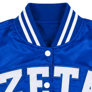 เสื้อแจ็คเก็ตซาตินทรงบอมเบอร์ Zeta Phi Beta สำหรับผู้หญิง สีน้ำเงินรอยัล ขาว ตัวอักษร ZETA แบบโค้ง ผ้าทวิลล์ ปี 1920 ติดกระดุมแบบ Snap ระบายอากาศได้ดี สำหรับชมรมนักศึกษา - Product Image 5