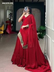 New Arrival Satin Chiffon with Bandhani Print & Lace Border Flared <b>Red</b> Lehenga-Readymade Choli-Matching Dupatta Indian Exporter - Product Image 4