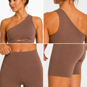 Ensemble de yoga asymétrique pour femme avec short cycliste taille haute, idéal pour le fitness et l'entraînement en salle de sport - Product Image 5