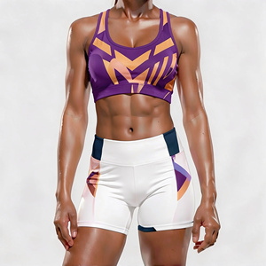 Conjunto de Yoga de 2 Piezas con Bloques de Color, Shorts de Cintura Alta y Top Corto con Espalda Cruzada, Transpirable, de Spandex y Poliéster - Product Image 1