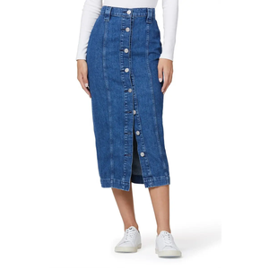 Blue Button Front High Waist Women Denim Midi <b>Skirt</b> Cotton Blend Stretch Slit Casual Quality Jean <b>Skirts</b> - Product Image 1
