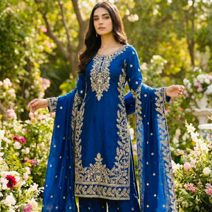Ensemble brodé avec haut, bas et dupatta, entièrement cousu, prêt à porter - Product Image 1
