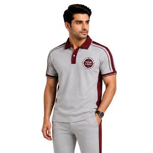 Polo homme gris clair premium avec col contrastant bordeaux, empiècements aux épaules et sur les manches, broderie de logo personnalisée, manches courtes - Product Image 1