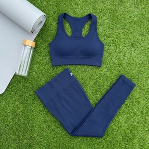 <b>Women</b> <b>Navy</b> Blue Ribbed Long Sleeve <b>Top</b> High Waist Leggings Yoga Set Gym Fitness Workout Activewear - Product Image 6