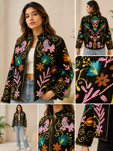 Blazer en velours noir brodé avec motif floral, col mandarin, manches longues, veste d'automne pour femme - Product Image 3