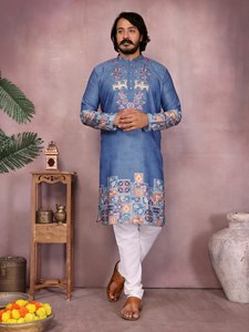 Kurta élégante en coton Khadi épais avec broderie au col et Chudidar semi-coton, idéale pour les mariages, les festivals et les tenues traditionnelles. - Product Image 3