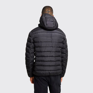 Custom Logo <b>Men's</b> Black Hooded Puffer Jacket Windproof Zipper Closure Casual Winter <b>Coat</b> Thick Polyester Filling Embroidery Logo - Product Image 5