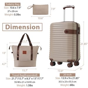 <b>20</b> <b>Inch</b> Khaki Luggage Sets 3-Piece Lightweight Hardshell ABS Carry-On <b>Suitcases</b> 22x14x9 Airline Approved with Wheels - Product Image 4