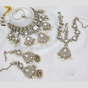 Designer Kundan <b>and</b> Beads Semi-Bridal <b>Necklace</b> <b>Set</b> with <b>Earrings</b> <b>and</b> Ring-10581512WH - Product Image 1